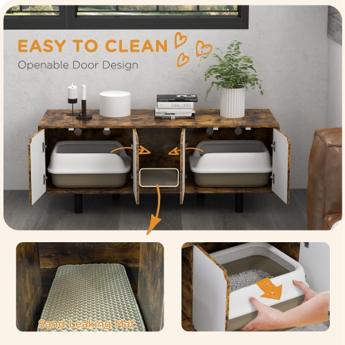 PawHut Hidden Cat Litter Box Enclosure for 2 Cats, Litter Box Furniture TV Stand Cat Condo with 2 Cabinets, Sand Drain Pad, Double Doors, for Indoor