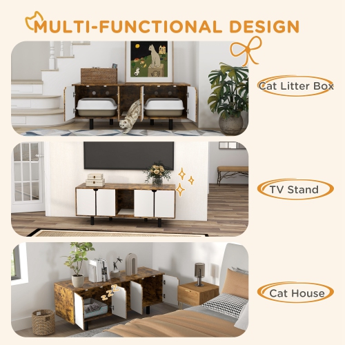 PawHut Hidden Cat Litter Box Enclosure for 2 Cats, Litter Box Furniture TV Stand Cat Condo with 2 Cabinets, Sand Drain Pad, Double Doors, for Indoor