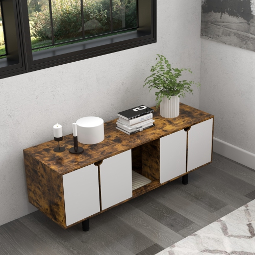 PawHut Hidden Cat Litter Box Enclosure for 2 Cats, Litter Box Furniture TV Stand Cat Condo with 2 Cabinets, Sand Drain Pad, Double Doors, for Indoor