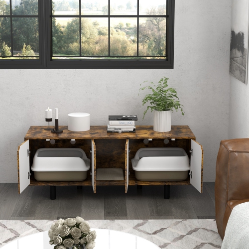 PawHut Hidden Cat Litter Box Enclosure for 2 Cats, Litter Box Furniture TV Stand Cat Condo with 2 Cabinets, Sand Drain Pad, Double Doors, for Indoor