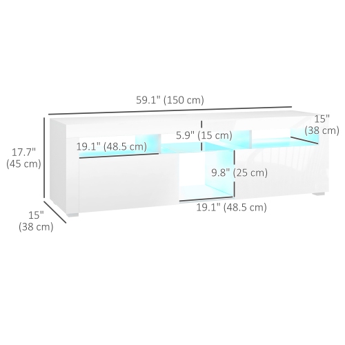 HOMCOM High Gloss TV Stand with LED Lights for TVs up to 55 Inch, Entertainment Center with Storage Compartments and Cabinets, Modern TV Console for