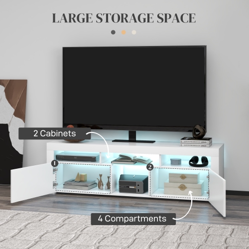 HOMCOM High Gloss TV Stand with LED Lights for TVs up to 55 Inch, Entertainment Center with Storage Compartments and Cabinets, Modern TV Console for