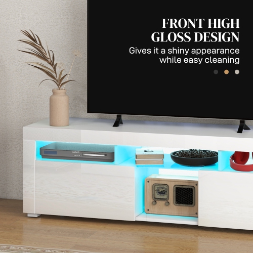 HOMCOM High Gloss TV Stand with LED Lights for TVs up to 55 Inch, Entertainment Center with Storage Compartments and Cabinets, Modern TV Console for