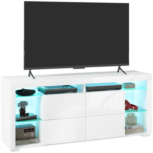 HOMCOM  " Tv Stand Cabinet \w Led Lights for Tvs Up to 55"", High Gloss Entertainment Center \w Flip-Up Doors, Glass Shelves And Remote, Tv Unit For