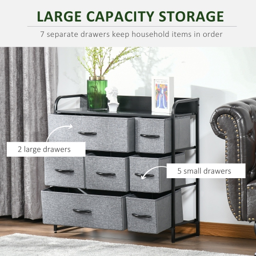 HOMCOM 7-Drawer Dresser, Fabric Chest of Drawers, 3-Tier Storage Tower with Steel Frame and Wooden Top for Bedroom, Nursery Room, Black