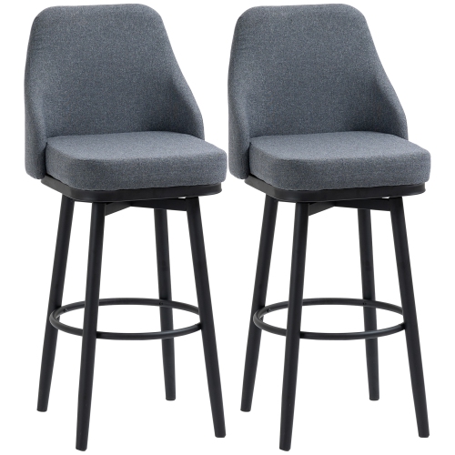 HOMCOM Bar Height Bar Stools Set of 2, 360° Swivel Barstools, Upholstered Extra Tall Bar Chair with 30" Seat Height and Steel Legs, Charcoal Grey