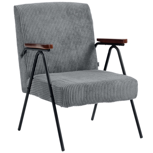 HOMCOM  Modern Accent Chair, Corduroy Fabric Armchair Chair With Wood Arms And Steel Frame for Living Room, Bedroom In Grey