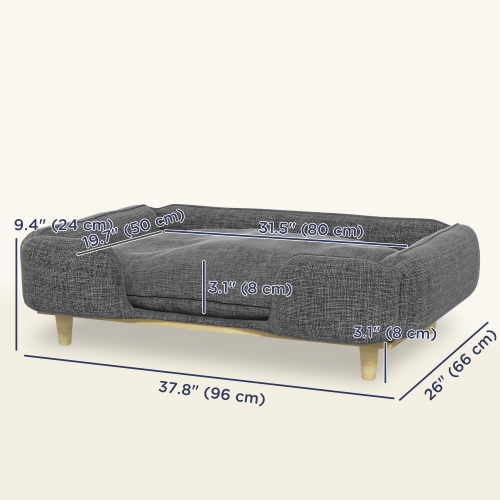 PawHut Pet Sofa, Elevated Dog Couch for Large Dogs, Removable Washable Pet Sofa Cat Bed with Anti-slip Foot Pads, Dark Grey