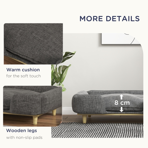 PawHut Pet Sofa, Elevated Dog Couch for Large Dogs, Removable Washable Pet Sofa Cat Bed with Anti-slip Foot Pads, Dark Grey