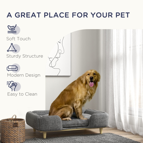 PawHut Pet Sofa, Elevated Dog Couch for Large Dogs, Removable Washable Pet Sofa Cat Bed with Anti-slip Foot Pads, Dark Grey