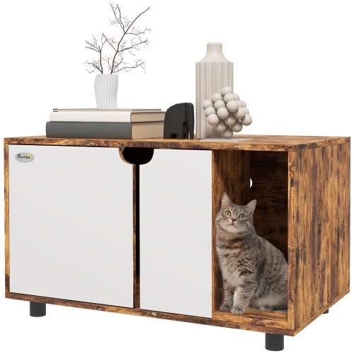 PawHut – Boîte de litière pour chats cachée pour 2 chats, meuble pour téléviseur Litter Box avec 2 armoires, tampon de drainage pour sable, portes do