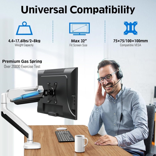 Single Monitor Desk Mount, Adjustable Gas Spring Monitor Arm, Support Max 32 Inch, 4.4-17.6lbs Screen, Computer Monitor Stand Holder with
