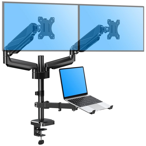 Dual Monitor and Laptop Mount, Gas Spring Monitor Stand for 2 Max 27" Computer Screens, Laptop Tray Fits 10-17inch Notebook, Holds 4.4-17.6lbs Per