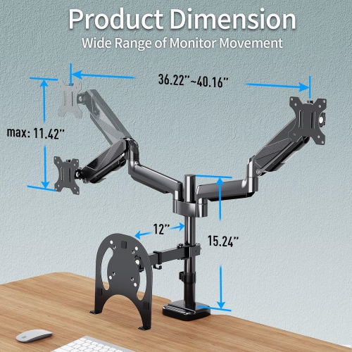 Dual Monitor and Laptop Mount, Gas Spring Monitor Stand for 2 Max 27" Computer Screens, Laptop Tray Fits 10-17inch Notebook, Holds 4.4-17.6lbs Per