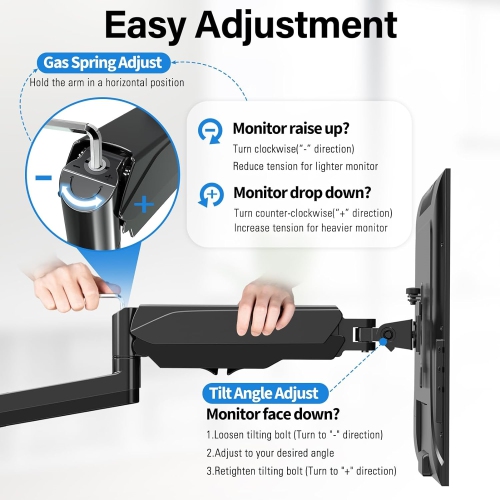 Dual Monitor and Laptop Mount, Gas Spring Monitor Stand for 2 Max 27" Computer Screens, Laptop Tray Fits 10-17inch Notebook, Holds 4.4-17.6lbs Per