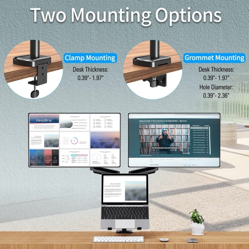 Dual Monitor and Laptop Mount, Gas Spring Monitor Stand for 2 Max 27" Computer Screens, Laptop Tray Fits 10-17inch Notebook, Holds 4.4-17.6lbs Per