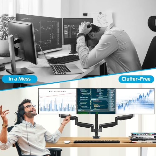Triple Monitor Mount, 3 Monitor Stand Desk Arm for Max 32 Inch Computer Screens, Max Extension 62.3" Gas Spring Triple Monitor Holder Support