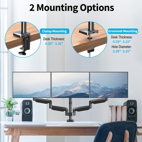 Triple Monitor Mount, 3 Monitor Stand Desk Arm for Max 32 Inch Computer Screens, Max Extension 62.3" Gas Spring Triple Monitor Holder Support