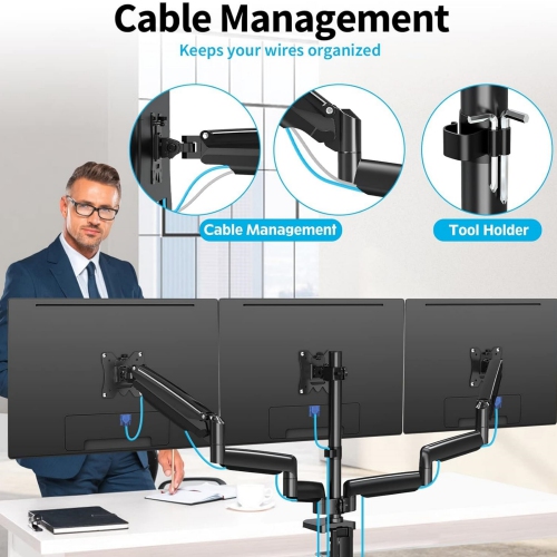 Triple Monitor Mount, 3 Monitor Stand Desk Arm for Max 32 Inch Computer Screens, Max Extension 62.3" Gas Spring Triple Monitor Holder Support