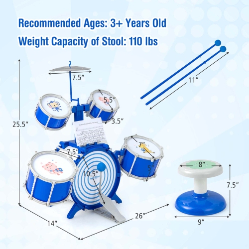 Costway Kids Drum Set Educational Percussion Musical Instrument Toy with Bass Drum