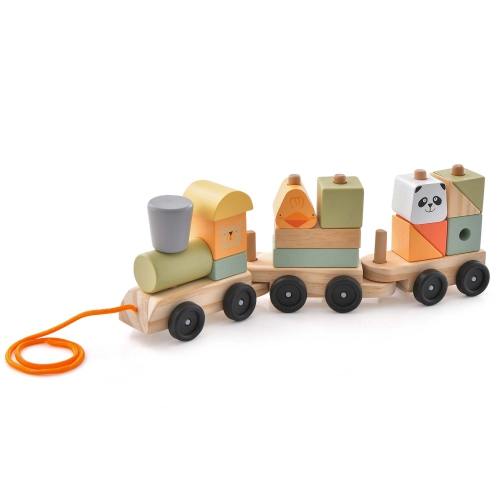 COSTWAY  Kids Wooden Train Set Toddler 3-Section Toy Train With Stackable Building Blocks