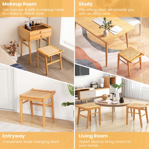 Costway Bamboo Vanity Stool Rattan Top Ottoman Footrest for Living Room Bedroom Natural