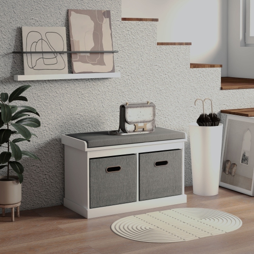 HOMCOM Shoe Bench with Seat Cushion, Entryway Bench with 2 Foldable Fabric Drawers for Hallway, Living Room, White