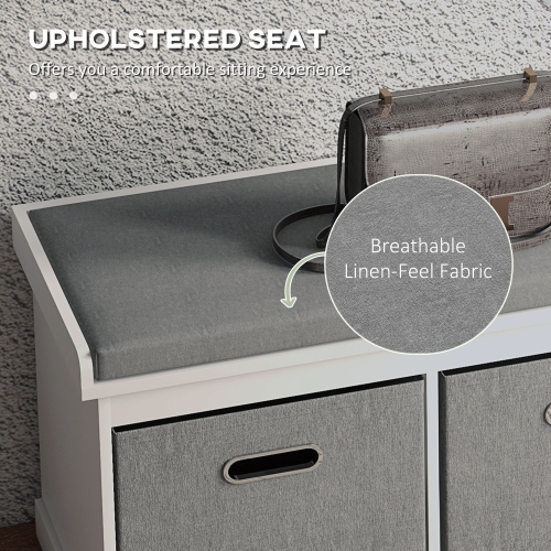 HOMCOM Shoe Bench with Seat Cushion, Entryway Bench with 2 Foldable Fabric Drawers for Hallway, Living Room, White