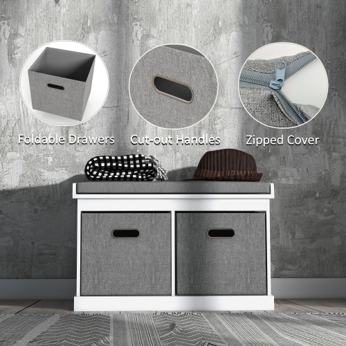 HOMCOM Shoe Bench with Seat Cushion, Entryway Bench with 2 Foldable Fabric Drawers for Hallway, Living Room, White