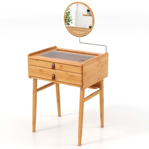 COSTWAY  Makeup Vanity Table With Adjustable Mirror Bamboo Dressing Table 2 Drawers