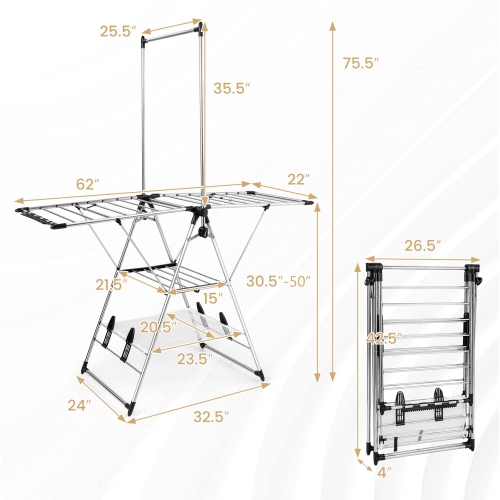 Costway 2-Layer Stainless Steel Foldable Drying Rack w/ Hanging Bar & 2 Height-adjustable Wings