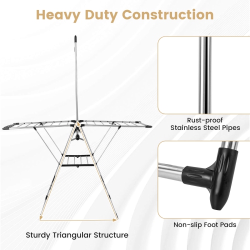 Costway 2-Layer Stainless Steel Foldable Drying Rack w/ Hanging Bar & 2 Height-adjustable Wings