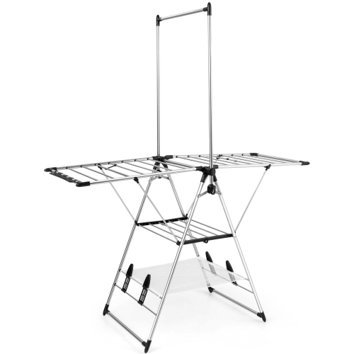 Costway 2-Layer Stainless Steel Foldable Drying Rack w/ Hanging Bar & 2 Height-adjustable Wings