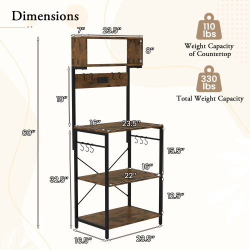 Costway Kitchen Bakers Rack 5-Tier Coffee Bar Station with Power Outlet Storage Hutch Open Shelves