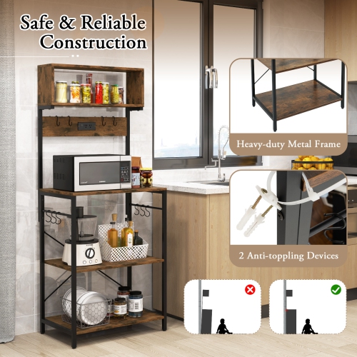 Costway Kitchen Bakers Rack 5-Tier Coffee Bar Station with Power Outlet Storage Hutch Open Shelves