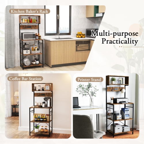 Costway Kitchen Bakers Rack 5-Tier Coffee Bar Station with Power Outlet Storage Hutch Open Shelves