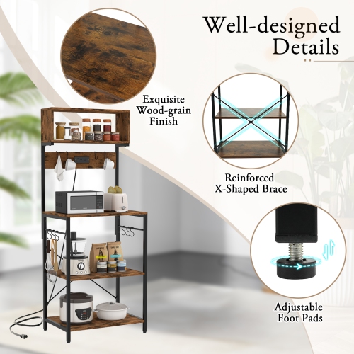Costway Kitchen Bakers Rack 5-Tier Coffee Bar Station with Power Outlet Storage Hutch Open Shelves