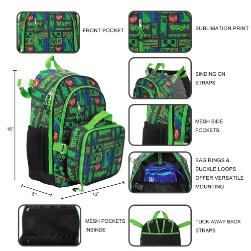 Minecraft Creeper TNT Kids 16 Backpack and Lunch Bag 5 Piece Set Best Buy Canada