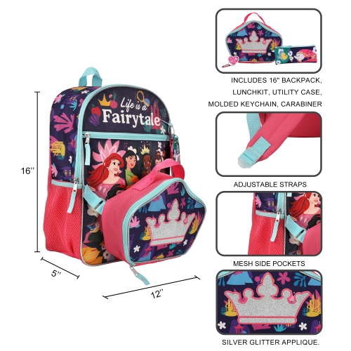 Disney Princess Life is a Fairytale Kids 16" Backpack and Lunch Bag 5 Piece Set
