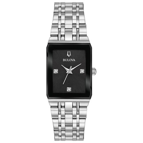Bulova Ladies Quadra Quartz Watch 20.5mm Silver-Tone Stainless Steel Case and Bracelet with Black Dial