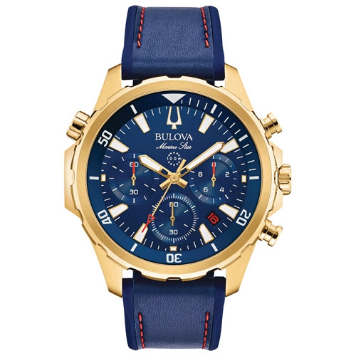 BULOVA  Mens Marine Star Quartz Watch 43MM Gold-Tone Stainless Steel Case Silicone Strap With Dial (97B168) In Blue