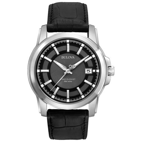 BULOVA WATCH  Bulova Mens Classic Precisionist Watch 42MM Silver-Tone Stainless Steel Case Leather Strap With Gray Dial (96B158) In Black