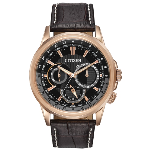 Citizen Mens Calendrier Eco-Drive Watch 44mm Silver-Tone Stainless Steel Case Brown Leather Strap with Black Dial