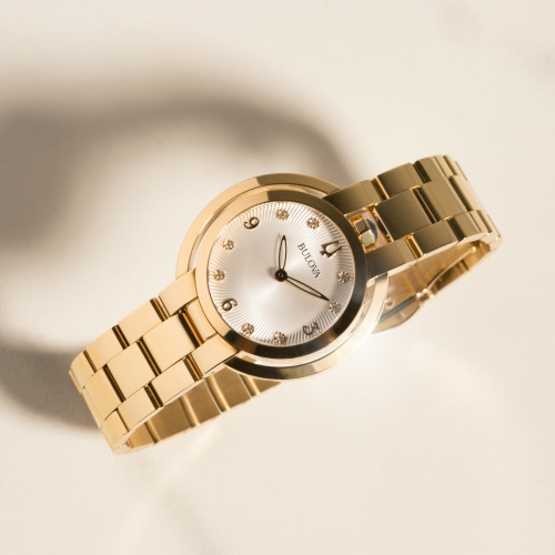 Bulova Ladies Rubaiyat Quartz Watch 35mm Gold-Tone Stainless Steel Case and Bracelet with Silver-White Dial