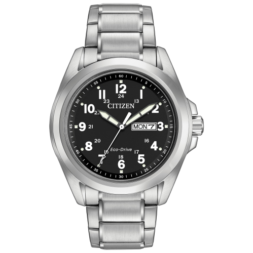 Montre pour hommes Garrison Eco-Drive 43&nbsp;mm avec boîtier et bracelet en acier inoxydable argenté et cadran noir de Citizen