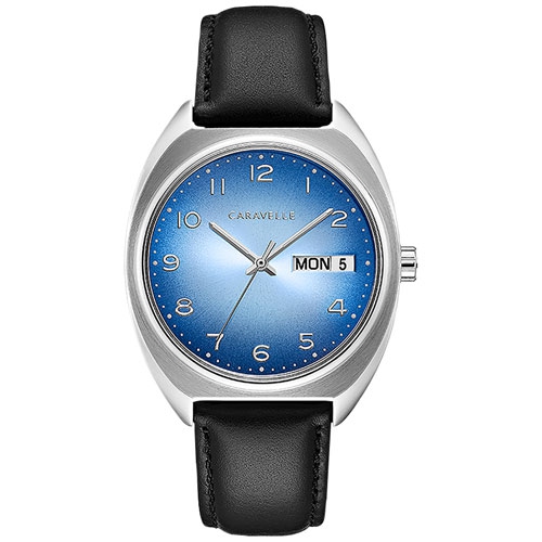 Montre à quartz rétro pour hommes de Caravelle 40&nbsp;mm avec boîtier en inox argenté et bracelet en cuir noir avec cadran bleu