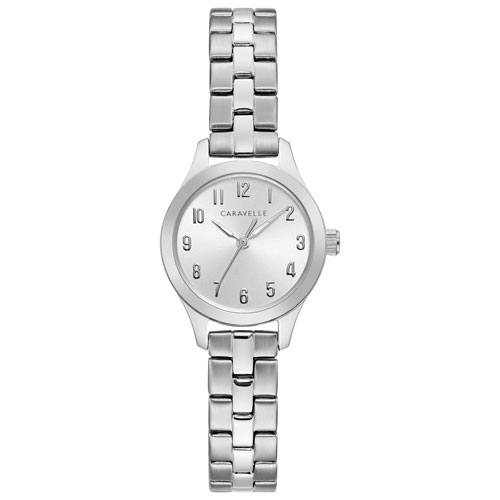 Caravelle Ladies Traditional Quartz Watch 24mm Silver-Tone Stainless Steel Case and Bracelet with Silver-White Dial