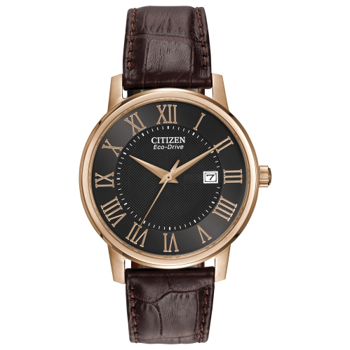 Citizen Mens Corso Eco-Drive Watch 40mm Rose Gold-Tone Stainless Steel Case Brown Leather Strap with Black Dial