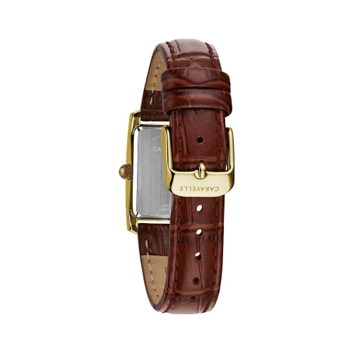 Caravelle Ladies Dress Quartz Watch 21mm Gold-Tone Stainless Steel Case Brown Leather Strap with Silver-White Dial