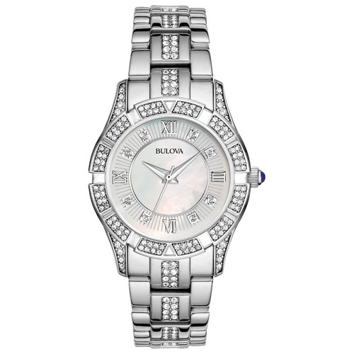 BULOVA  Ladies Crystal Quartz Watch 30MM Silver-Tone Stainless Steel Case And Bracelet With Dial (96L116) In White
